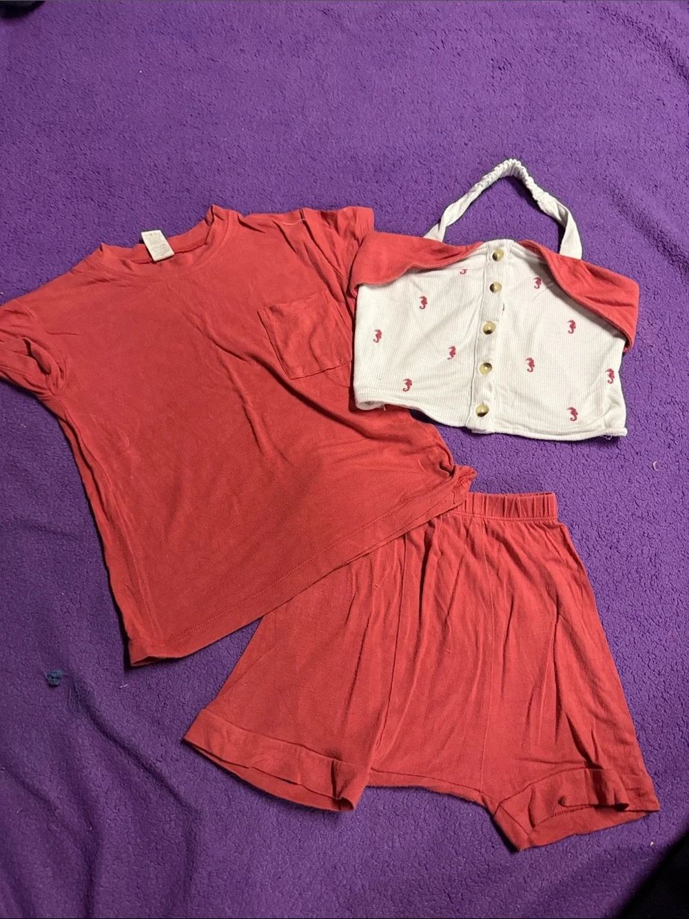 kate quinn Red Lounge Short Set with White Embroidered Button Tank